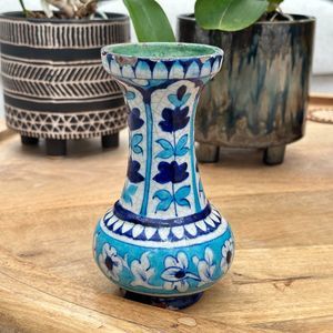 Antique Handmade Hand Painted Glazed Terracotta Vase Iznic Pottery Blue 6.5" H